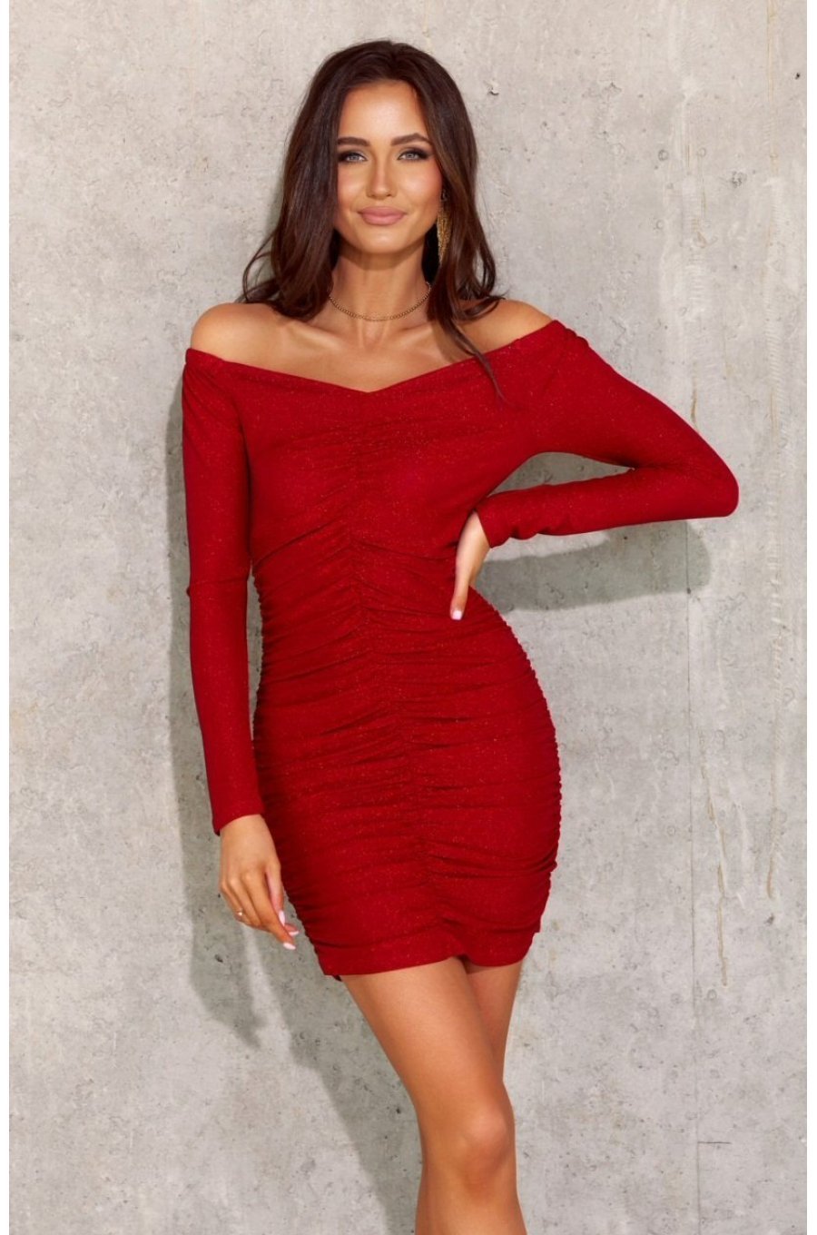Rochie scurta mulata rosie din lurex cu maneca lunga si umeri goi Yssa 1 - jojofashion.ro
