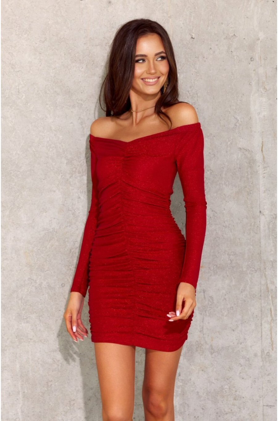 Rochie scurta mulata rosie din lurex cu maneca lunga si umeri goi Yssa 3 - jojofashion.ro