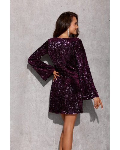 Rochie scurta din paiete mov cu maneca lunga ZoeR Rochii scurte, Rochie scurta din paiete mov cu maneca lunga ZoeR - jojofashion.ro