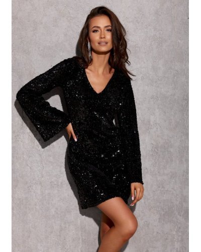 Rochie scurta neagra din paiete cu maneca lunga ZoeR Rochii scurte, Rochie scurta neagra din paiete cu maneca lunga ZoeR - jojofashion.ro