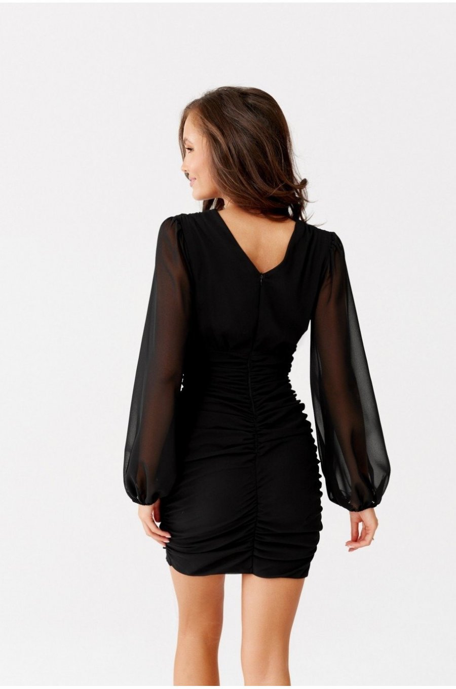 Rochie scurta neagra mulata cu maneca lunga drapata Elyanna 3 - jojofashion.ro