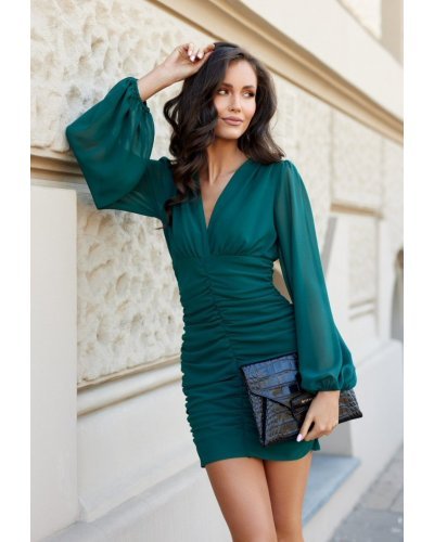 Rochie scurta verde mulata cu maneca lunga Elyanna Rochii scurte, Rochie scurta verde mulata cu maneca lunga Elyanna - jojofashion.ro