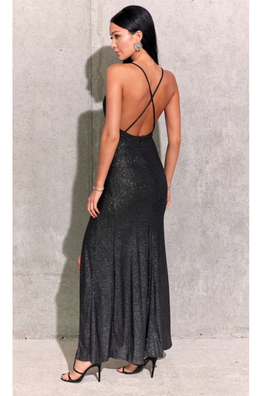 Rochie de seara lunga neagra mulata din brocard cu umerii goi Frida 2 - jojofashion.ro