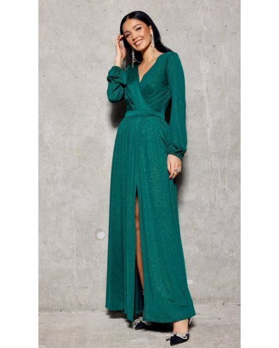 Rochie lunga verde din brocard cu maneca lunga Smaranda - jojofashion.ro