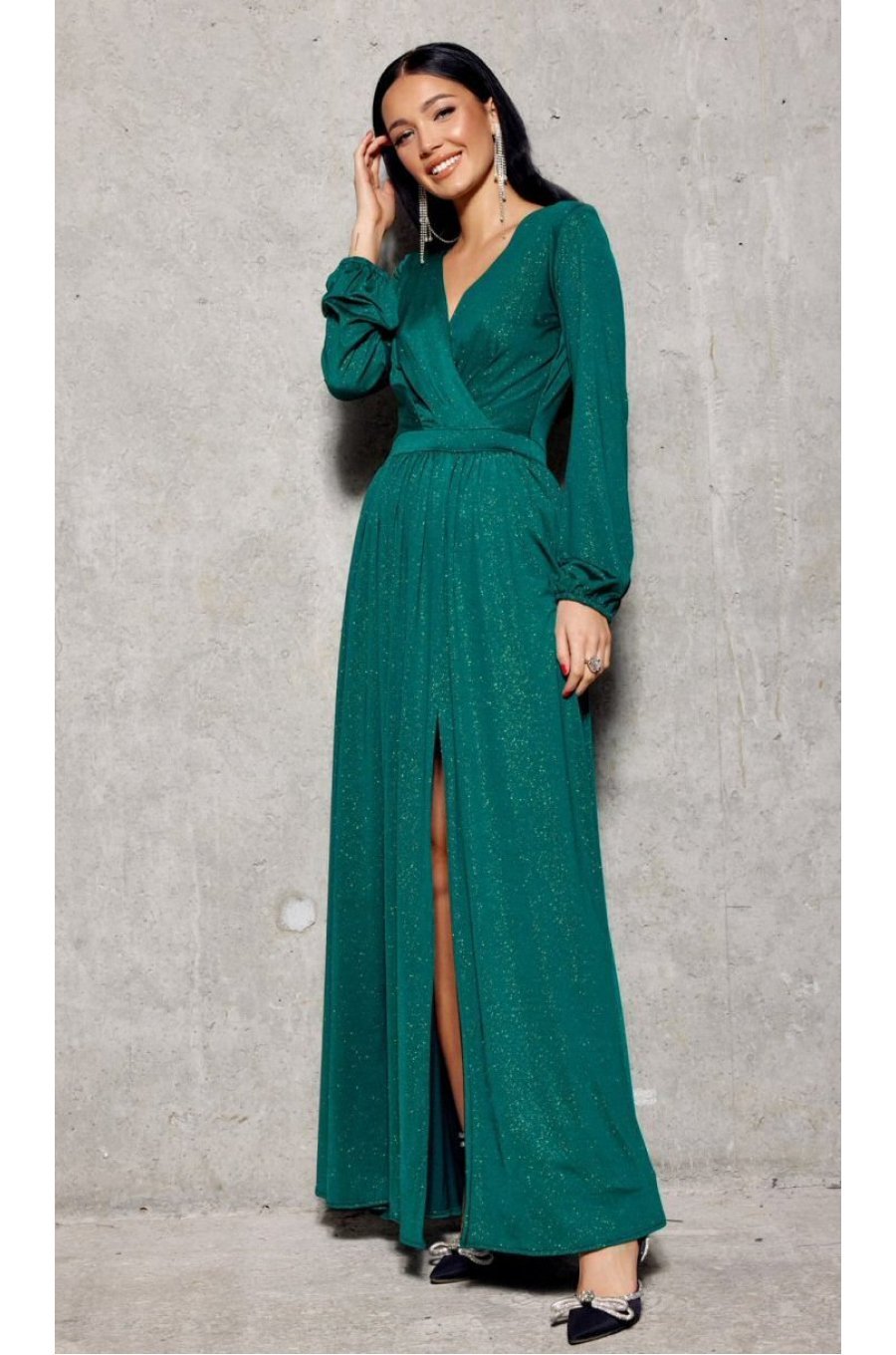 Rochie lunga, brocard, verde, cu maneca lunga, Smaranda 1 - jojofashion.ro