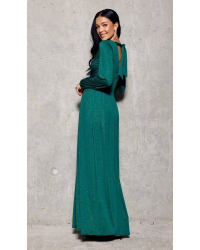 Rochie lunga verde din brocard cu maneca lunga Smaranda - jojofashion.ro