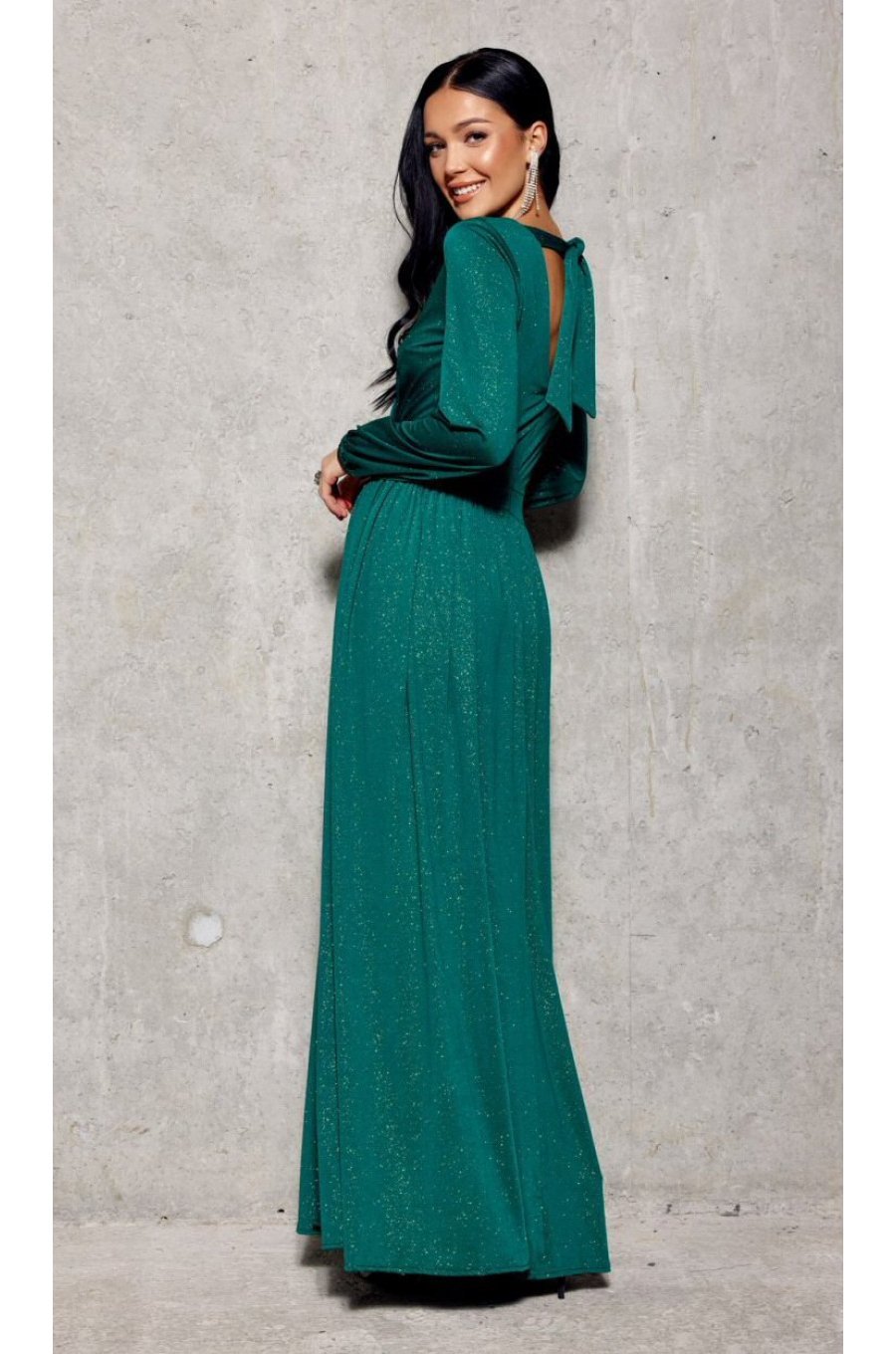 Rochie lunga verde din brocard cu maneca lunga Smaranda 2 - jojofashion.ro