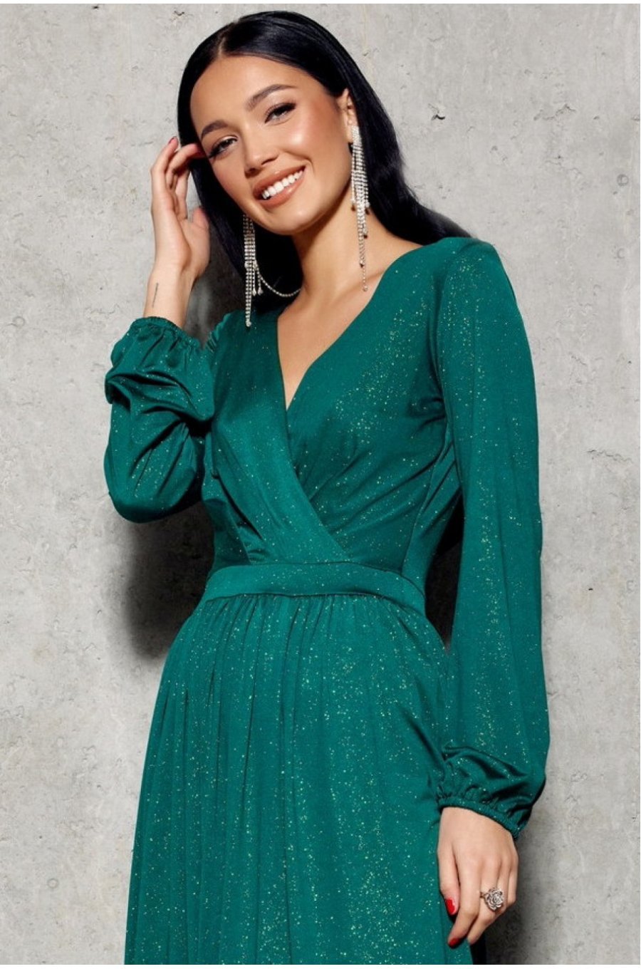 Rochie lunga, brocard, verde, cu maneca lunga, Smaranda 3 - jojofashion.ro