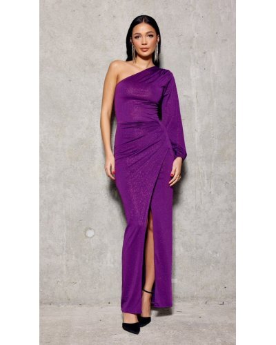 Rochie lunga mulata din brocard mov cu un umar gol si maneca lunga Narcisse Rochii de nasa, Rochie lunga mulata din brocard mov cu un umar gol si maneca lunga Narcisse - jojofashion.ro