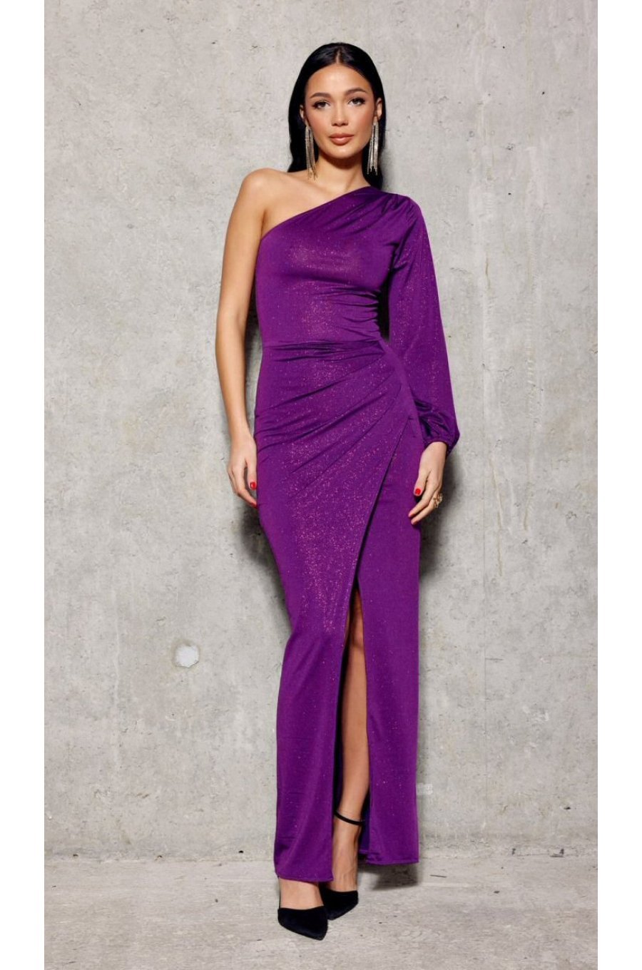 Rochie lunga mulata din brocard mov cu un umar gol si maneca lunga Narcisse 1 - jojofashion.ro