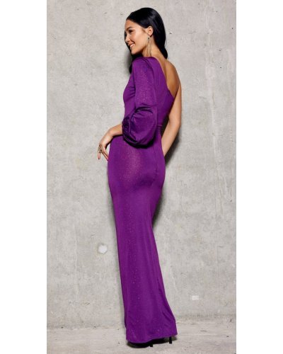 Rochie lunga mulata din brocard mov cu un umar gol si maneca lunga Narcisse Rochii de nasa, Rochie lunga mulata din brocard mov cu un umar gol si maneca lunga Narcisse - jojofashion.ro