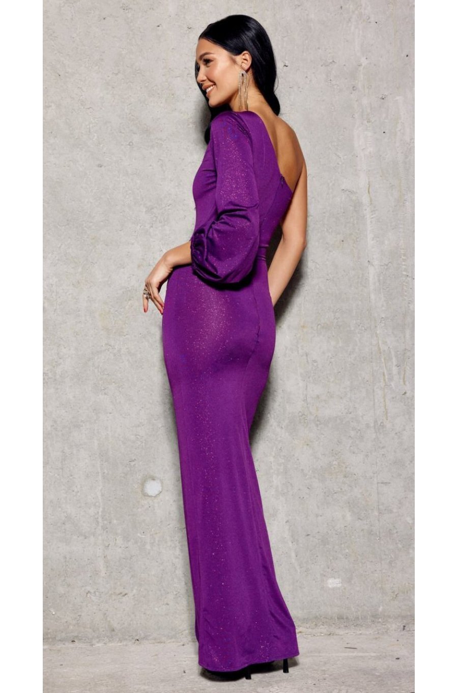 Rochie lunga mulata din brocard mov cu un umar gol si maneca lunga Narcisse 2 - jojofashion.ro