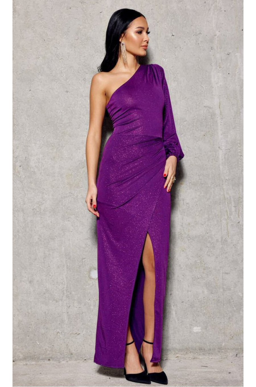 Rochie lunga mulata din brocard mov cu un umar gol si maneca lunga Narcisse 3 - jojofashion.ro