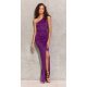 Rochie de seara lunga, din brocard, mov, mulata, cu un umar gol, Elaisa 2 - jojofashion.ro