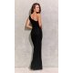 Rochie de seara lunga, din brocard, neagra, mulata, cu un umar gol, Elaisa 3 - jojofashion.ro