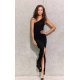 Rochie de seara lunga, din brocard, neagra, mulata, cu un umar gol, Elaisa 4 - jojofashion.ro