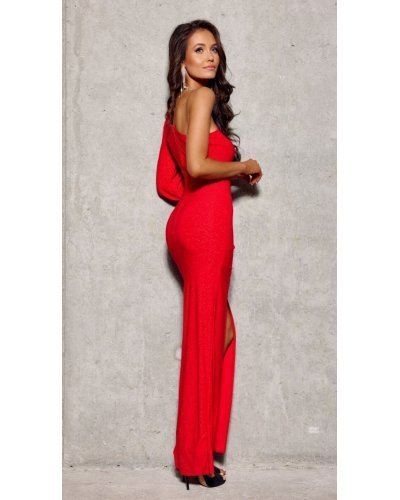 Rochie lunga mulata rosie din brocard cu un umar gol si maneca lunga Narcisse Rochii de Ocazie Elegante, Rochie lunga mulata rosie din brocard cu un umar gol si maneca lunga Narcisse - jojofashion.ro