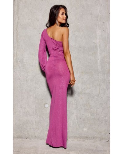 Rochie de seara lunga din brocard roz fucsia, cu un umar gol si maneca lunga, Narcisse Rochii lungi, Rochie de seara lunga din brocard roz fucsia, cu un umar gol si maneca lunga, Narcisse - jojofashion.ro