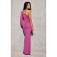 Rochie de seara lunga din brocard roz fucsia, cu un umar gol si maneca lunga, Narcisse 3 - jojofashion.ro