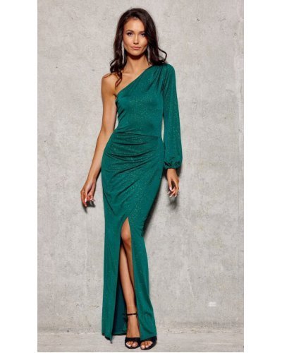 Rochie lunga din brocard verde cu un umar gol si maneca lunga Narcisse Rochii lungi, Rochie lunga din brocard verde cu un umar gol si maneca lunga Narcisse - jojofashion.ro