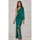 Rochie de seara lunga din brocard verde, cu un umar gol si maneca lunga, Narcisse 2 - jojofashion.ro