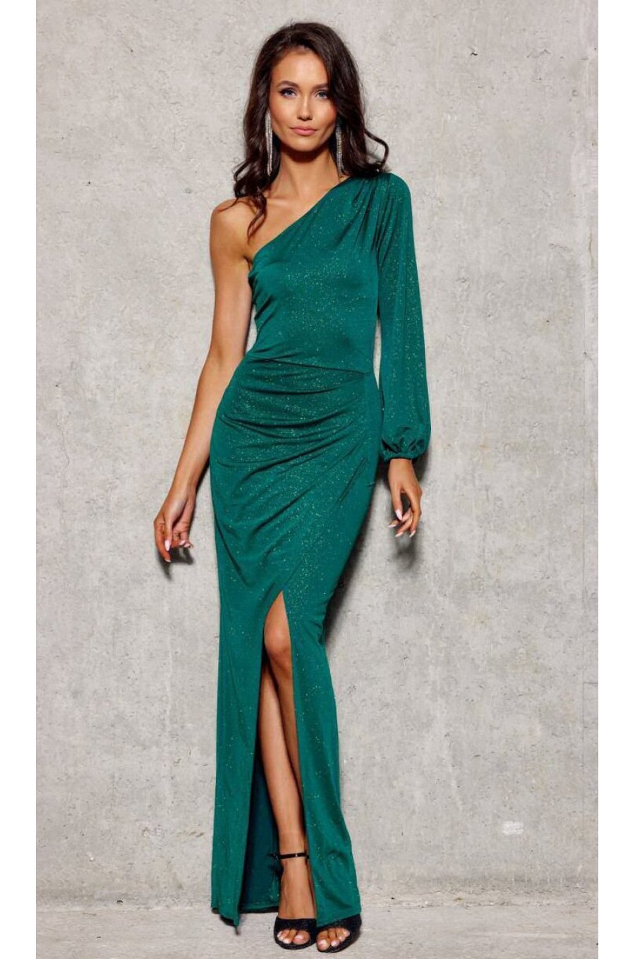 Rochie de seara lunga din brocard verde, cu un umar gol si maneca lunga, Narcisse 1 - jojofashion.ro