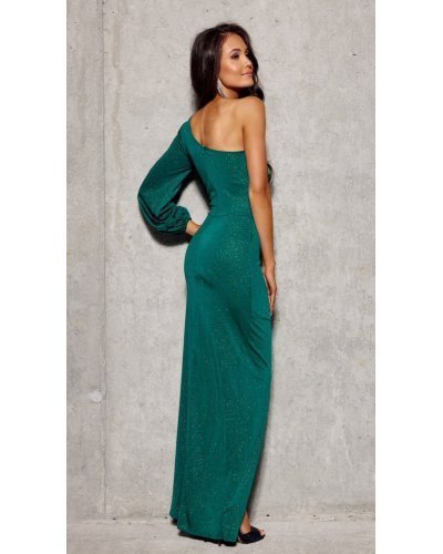 Rochie lunga din brocard verde cu un umar gol si maneca lunga Narcisse Rochii lungi, Rochie lunga din brocard verde cu un umar gol si maneca lunga Narcisse - jojofashion.ro