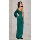 Rochie de seara lunga din brocard verde, cu un umar gol si maneca lunga, Narcisse 3 - jojofashion.ro