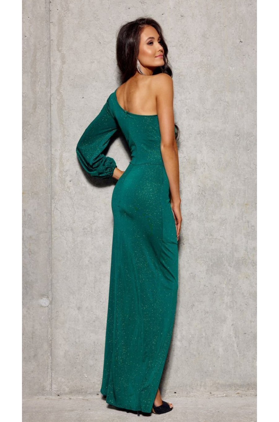 Rochie de seara lunga din brocard verde, cu un umar gol si maneca lunga, Narcisse 2 - jojofashion.ro