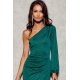 Rochie de seara lunga din brocard verde, cu un umar gol si maneca lunga, Narcisse 4 - jojofashion.ro