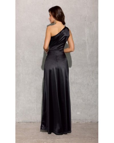 Rochie lunga neagra din satin cu un umar gol Inez Rochii satin, Rochie lunga neagra din satin cu un umar gol Inez - jojofashion.ro