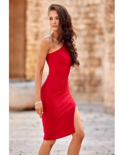 Rochie scurta rosie mulata din brocard cu un umar gol Diedra Rochii scurte, Rochie scurta rosie mulata din brocard cu un umar gol Diedra - jojofashion.ro