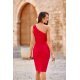 Rochie scurta rosie mulata din brocard cu un umar gol Diedra 3 - jojofashion.ro