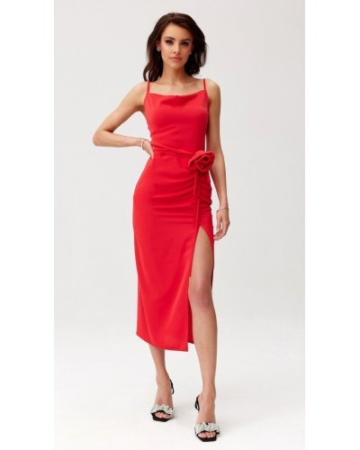 Rochie rosie mulata midi cu floare MaribelR Rochii rosii, Rochie rosie mulata midi cu floare MaribelR - jojofashion.ro