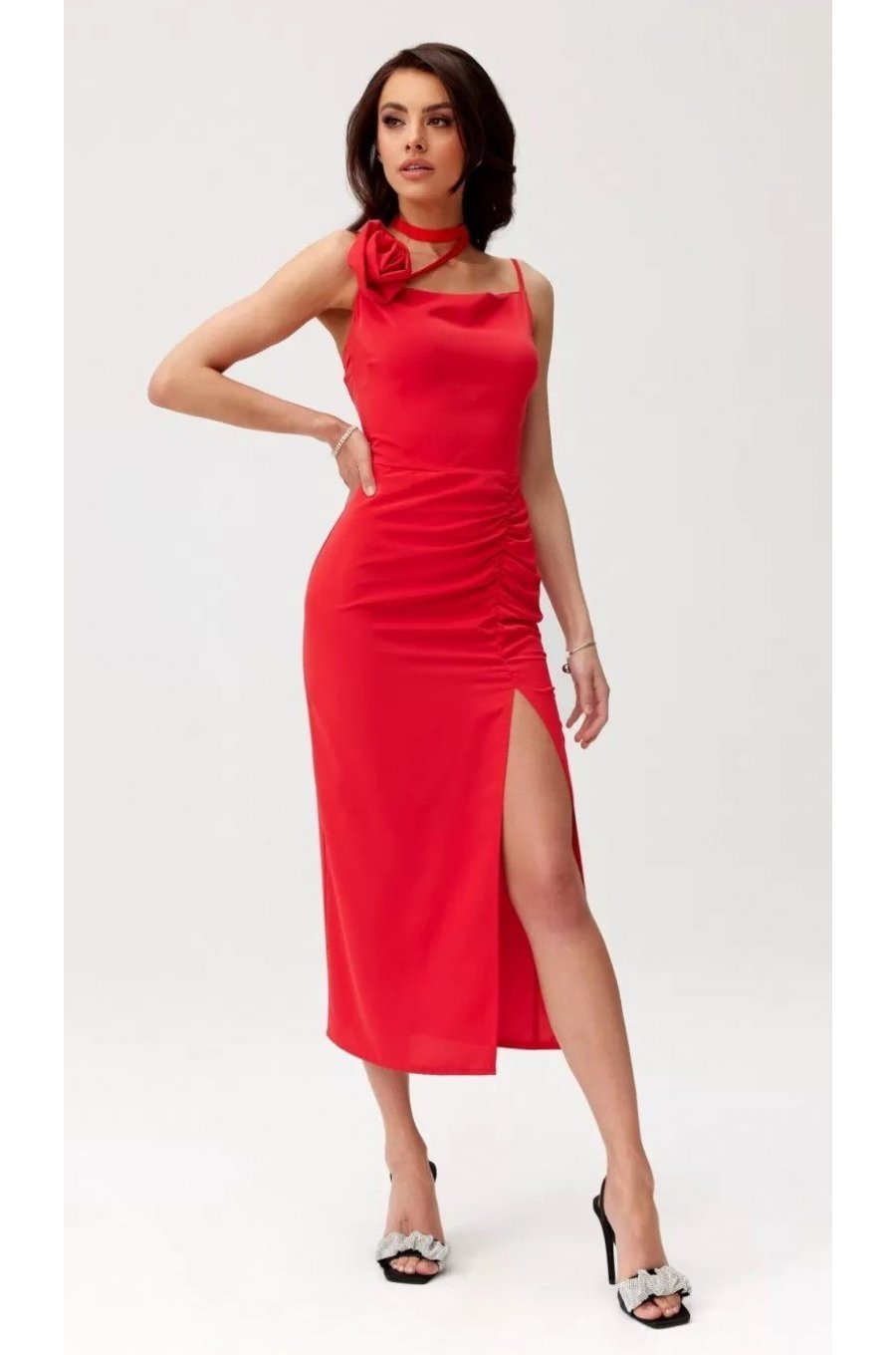 Rochie rosie mulata midi cu floare MaribelR Rochie rosie mulata midi cu floare MaribelR 3 - jojofashion.ro