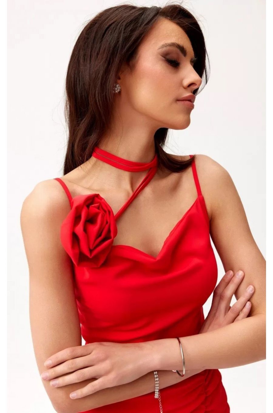 Rochie rosie mulata midi cu floare MaribelR Rochie rosie mulata midi cu floare MaribelR 4 - jojofashion.ro