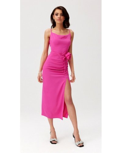 Rochie roz fucsia mulata midi cu floare MaribelR Rochii de zi, Rochie roz fucsia mulata midi cu floare MaribelR - jojofashion.ro