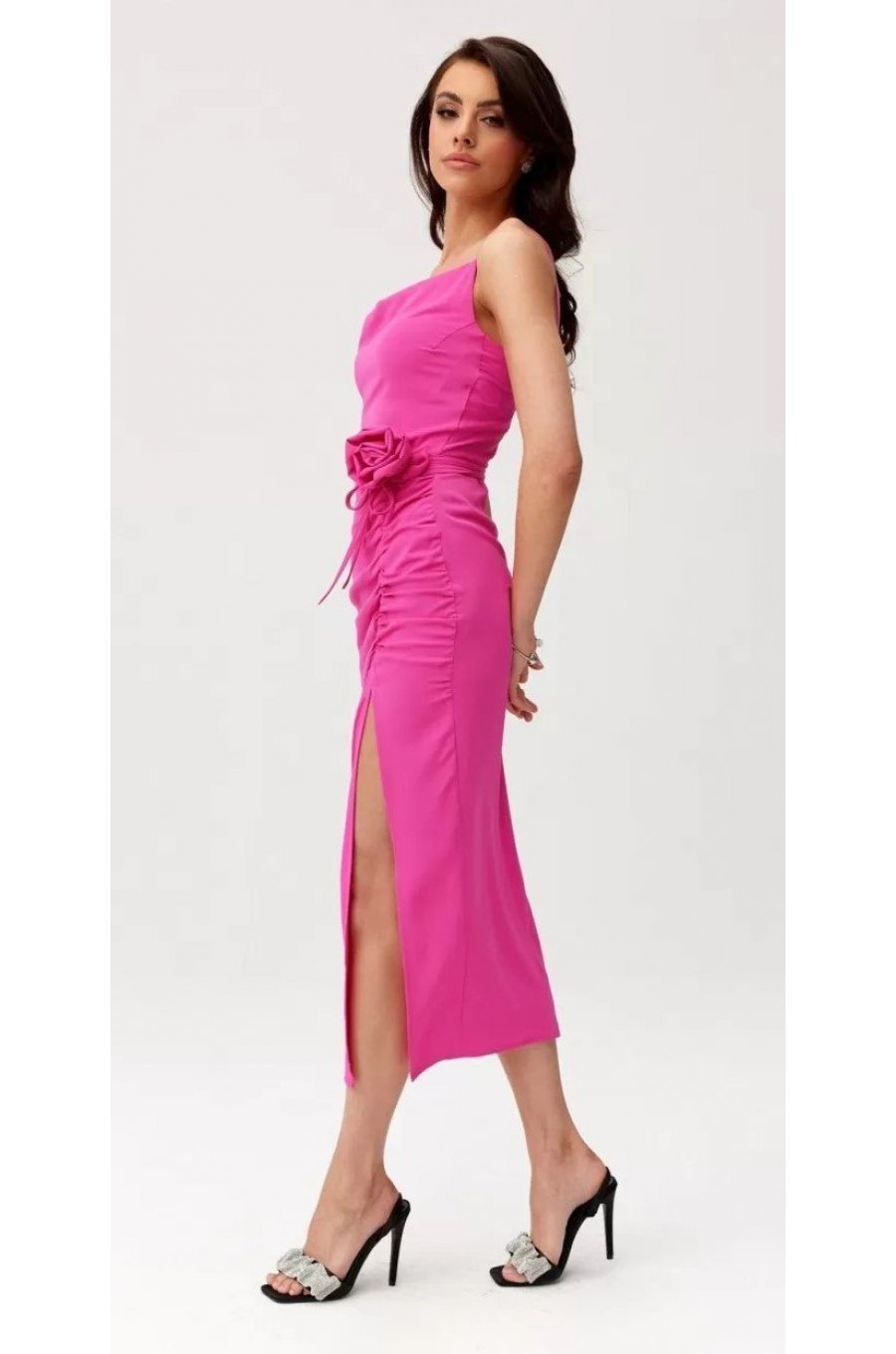 Rochie roz fucsia mulata midi cu floare MaribelR 2 - jojofashion.ro