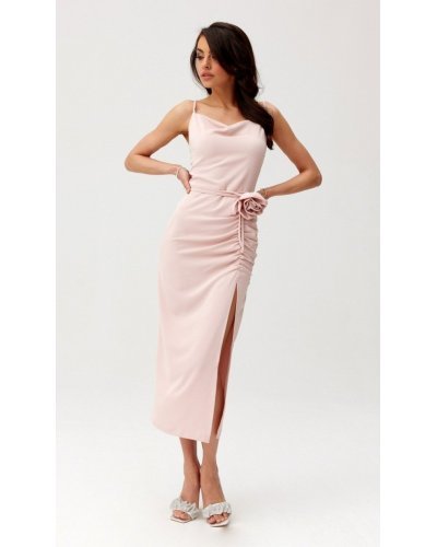 Rochie roz pudra mulata midi cu floare MaribelR Rochii de zi, Rochie roz pudra mulata midi cu floare MaribelR - jojofashion.ro