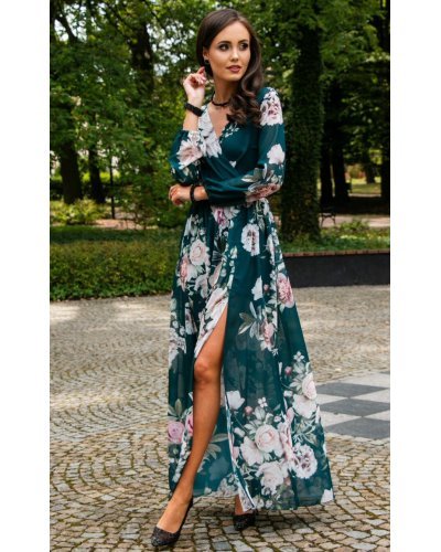 Rochie de vara lunga din voal verde smarald cu flori vaporoasa cu maneca lunga Anamaria Rochii lungi, Rochie de vara lunga din voal verde smarald cu flori vaporoasa cu maneca lunga Anamaria - jojofashion.ro