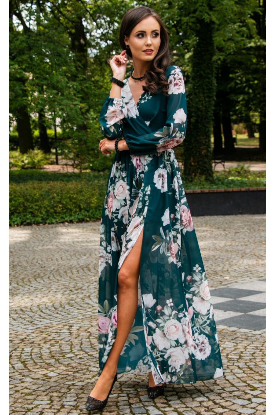 Rochie de vara lunga din voal verde smarald cu flori vaporoasa cu maneca lunga Anamaria 1 - jojofashion.ro