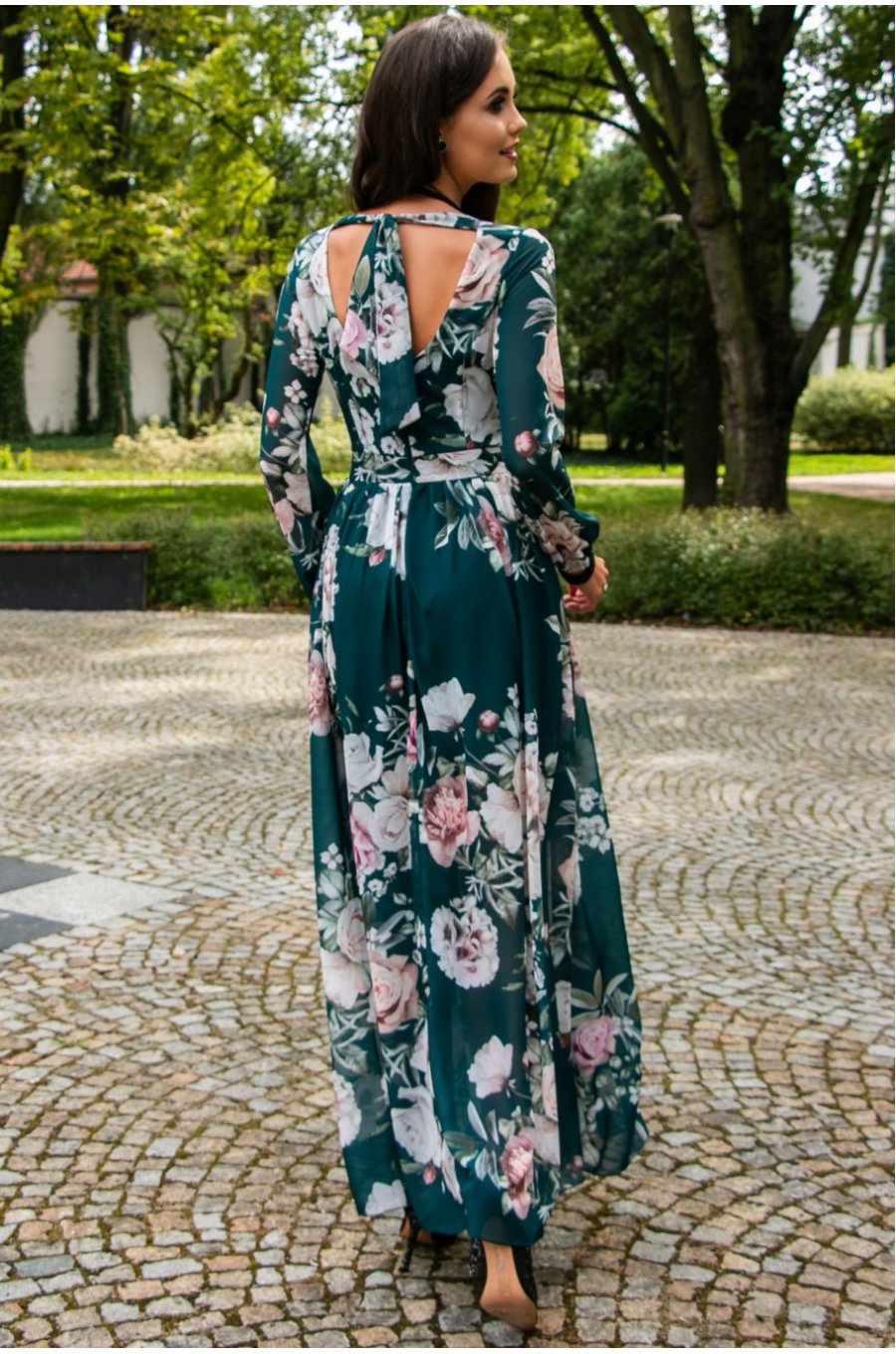 Rochie de vara lunga, din voal verde smarald cu flori, vaporoasa, cu maneca lunga, Anamaria 4 - jojofashion.ro