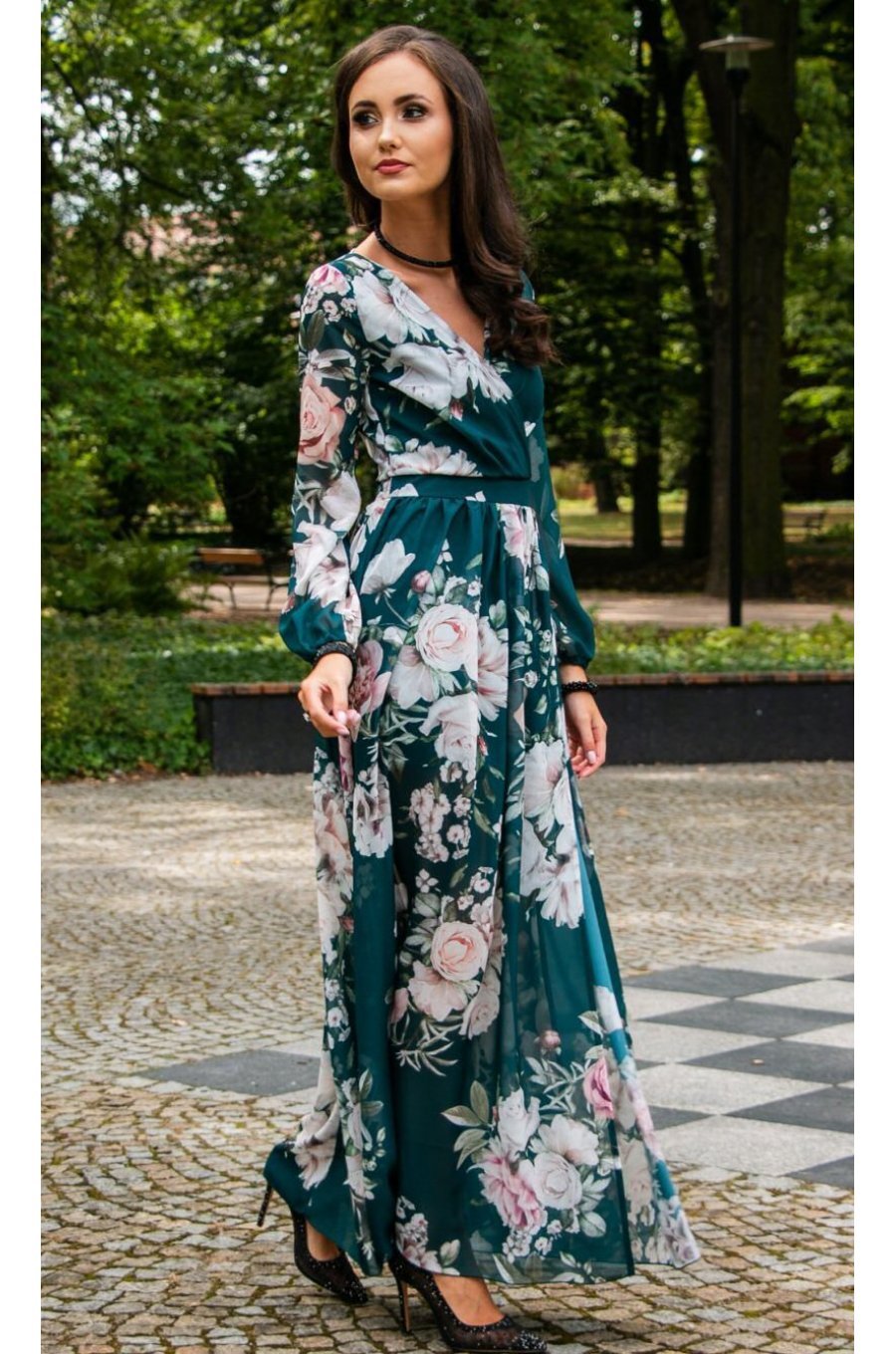 Rochie de vara lunga din voal verde smarald cu flori vaporoasa cu maneca lunga Anamaria 5 - jojofashion.ro