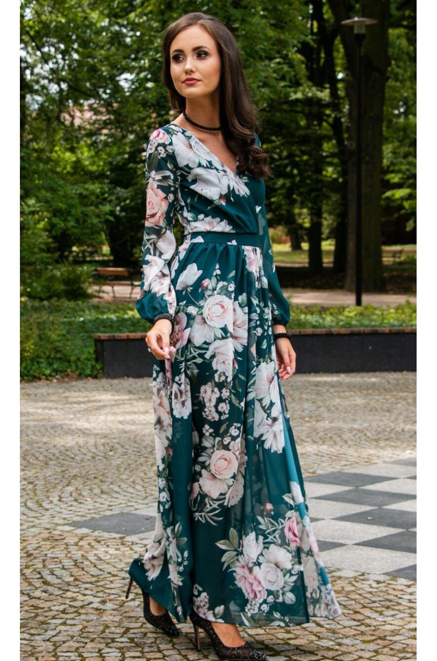 Rochie de vara lunga, din voal verde smarald cu flori, vaporoasa, cu maneca lunga, Anamaria 5 - jojofashion.ro