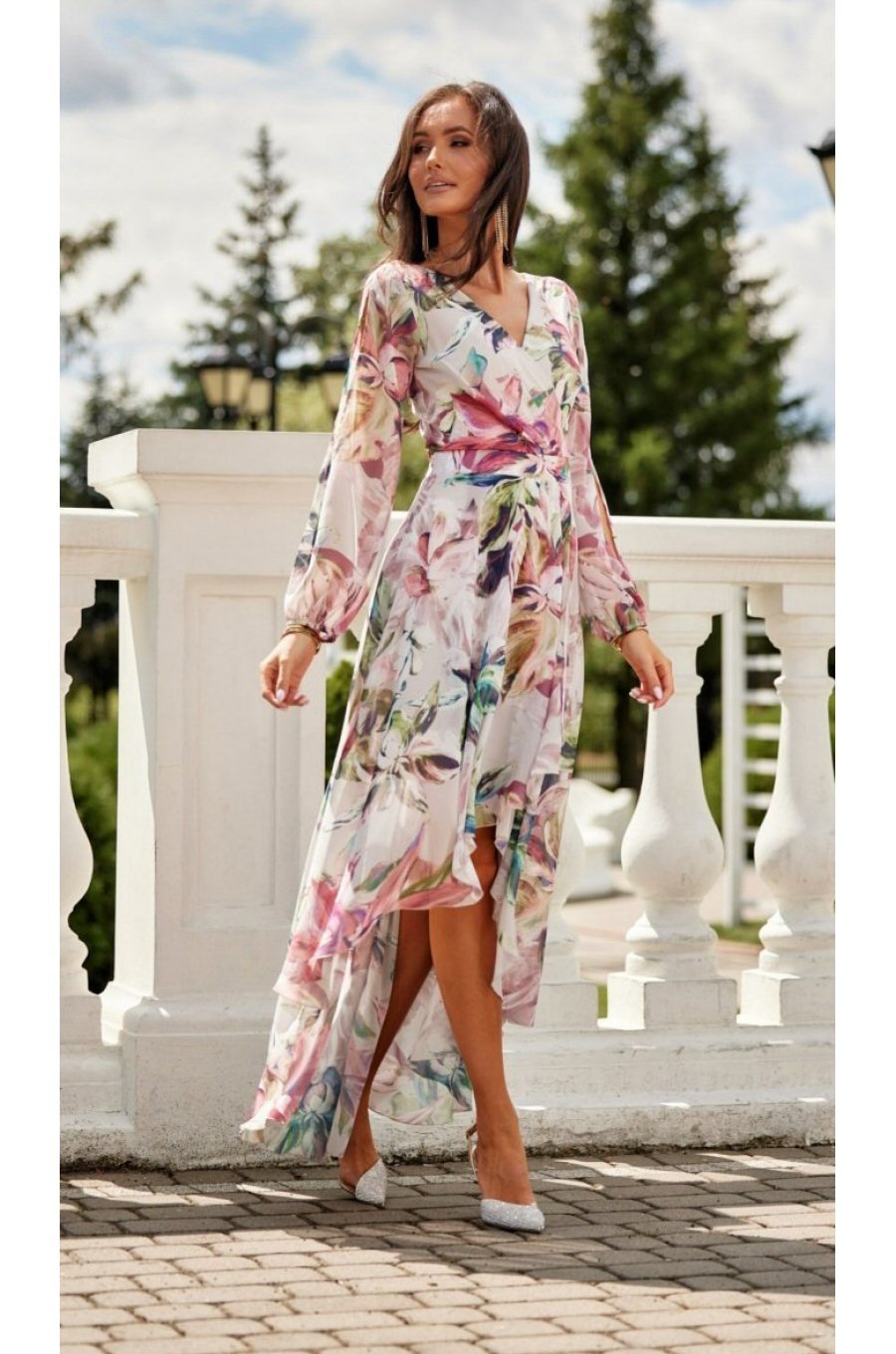 Rochie din voal lunga ecru cu flori mari vaporoasa cu maneca lunga Sureya 1 - jojofashion.ro
