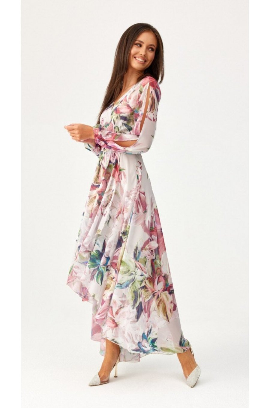 Rochie de zi lunga, din voal ecru cu flori mari, asimetrica, cu maneca lunga, vaporoasa, Sureya 2 - jojofashion.ro