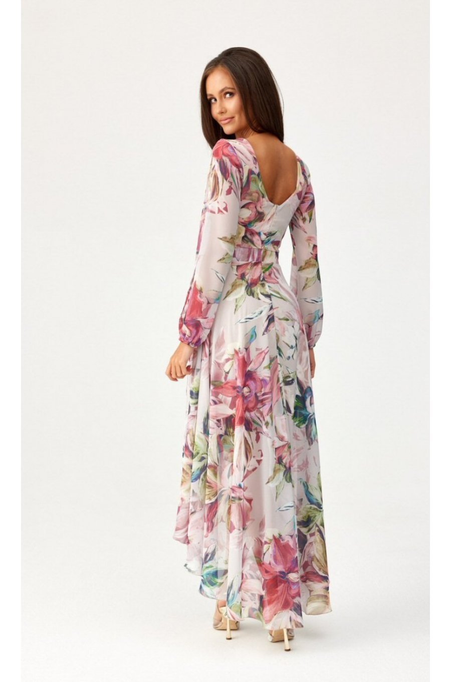 Rochie din voal lunga ecru cu flori mari vaporoasa cu maneca lunga Sureya 3 - jojofashion.ro