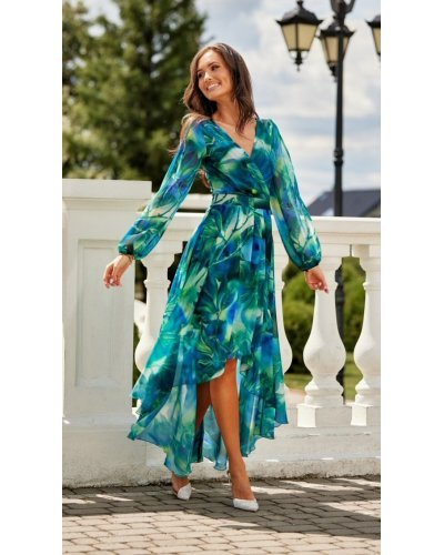 Rochie din voal lunga turcoaz cu flori vaporoasa cu maneca lunga Sureya Rochii, Rochie din voal lunga turcoaz cu flori vaporoasa cu maneca lunga Sureya - jojofashion.ro