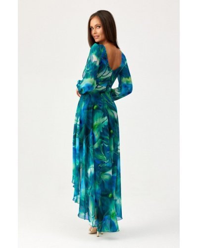Rochie din voal lunga turcoaz cu flori vaporoasa cu maneca lunga Sureya Rochii, Rochie din voal lunga turcoaz cu flori vaporoasa cu maneca lunga Sureya - jojofashion.ro