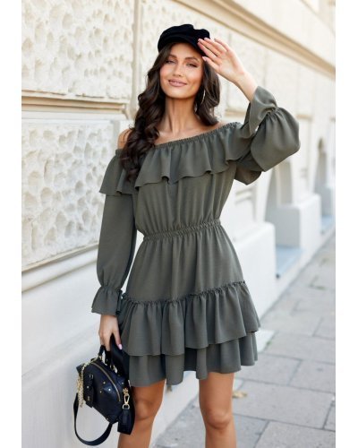 Rochie scurta kaki cu volane suprapuse maneca lunga si umeri goi Gianna Rochii de zi, Rochie scurta kaki cu volane suprapuse maneca lunga si umeri goi Gianna - jojofashion.ro
